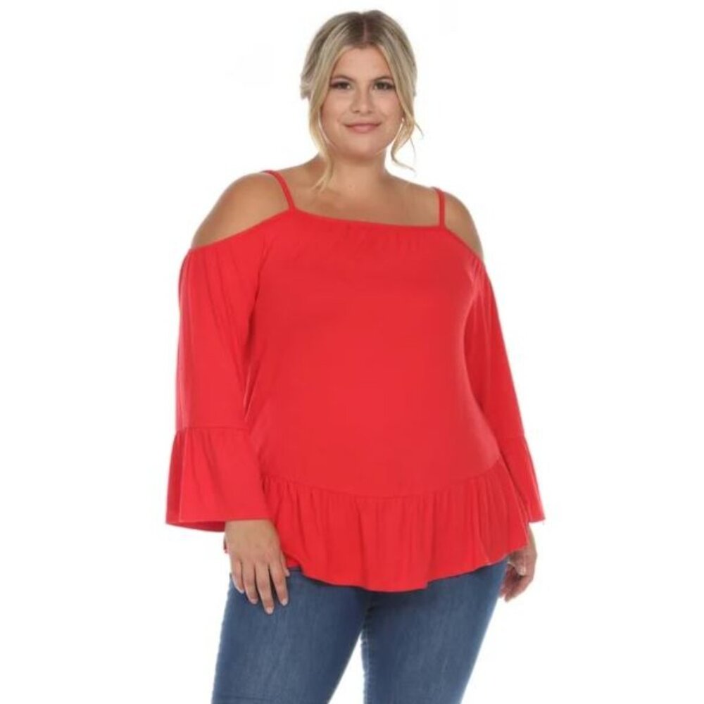 White Mark Women's Cold Shoulder Bell Sleeve Ruffle Hem Top Red Size 2XL NWT